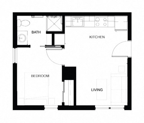Floor plan for 1 bed, 1 bath, 411 sqft
